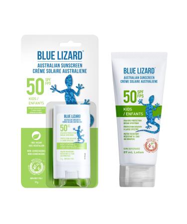 BLUE LIZARD SPF 50 Kids Duo Mineral-Based Sunscreen for Toddlers and Children Non-Greasy Sunscreen for Kids Paraben-Free Sunscreen Stick for Kids 2 Count 89ml Tube and 14g Stick