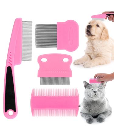 Molain Cat Dog Flea Comb 4 Pieces Pet Tear Stain Remover Comb Set Pet Dog Cat Grooming Comb (Pink)