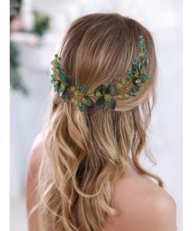 IYOU Crystal Wedding Hair Vine Green Leaf Bridal Headband Rhinestone Headpiece Prom Bride Bridesmaid Hair Accessories for Women