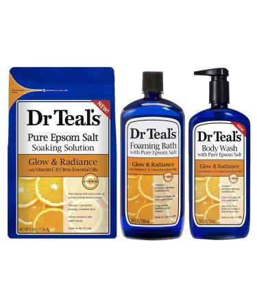 Dr. Teal's Vitamin C & Citrus Oils Bath Gift Set - One of Each - Vitamin C & Citrus Body Wash (24oz)  Epsom Salt Soak (3lb)  Foaming Bath (34oz) - 106oz Total - Replenish Dry Skin and Achy Muscles