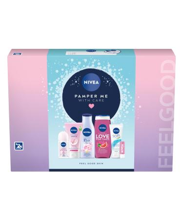 NIVEA Pamper Me With Care Gift Set (6 Products) Women's Gift Set with Shower Gel Moisturising Cream Body Lotion Lip Balm Anti-Perspirant Roll-On and Cream Wash
