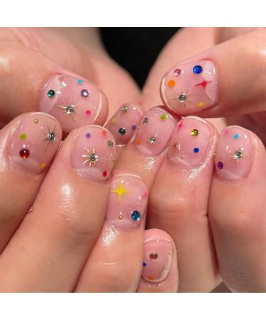 Short Square Press on Nails Chrome Fake Nails Nude Pink Full Cover Cover Glue on Nails Solid Color Glossy Designs Colorful Star with Rhinestones Glitter Cute False Nails for Women Acrylic Nails Salon