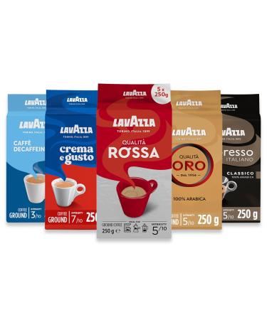 Lavazza Ground Coffee - Complete Collection -Oro Rossa Crema Gusto Espresso Italiano & Dek (Decaf) - 5 Pack