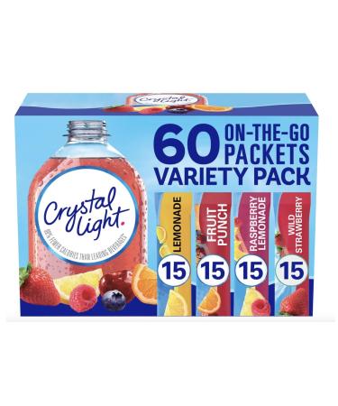 Crystal Light Sugar-Free Lemonade Fruit Punch Raspberry Lemonade and Wild Strawberry On-The-Go Powdered Drink Singles Mix Variety Pack 60 Count Each Packet Dissolves into any 16.9 oz