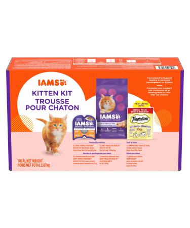 Kitten Start Pack - Includes IAMS Proactive Health Healthy Kitten Dry Cat Food Chicken IAMS Perfect Portions Healthy Kitten Wet Cat Food Chicken & Temptations Kitten Chicken & Dairy Treats 2.67kg Pk
