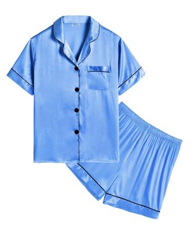 SWOMOG Kids Silk Pyjamas Girls Boys Short Sleeve Satin PJs Sets Button-Down Silky Nightwear Children Sleepwear Teens Age 4-16 8-9 Years Marina Blue