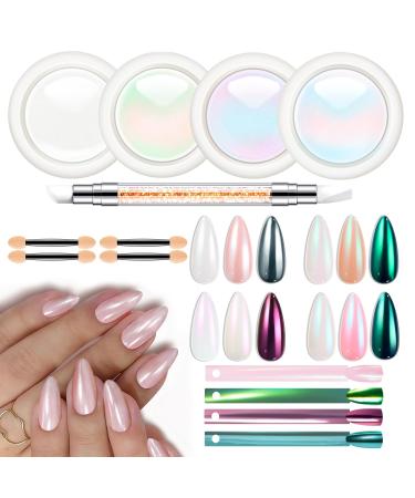 modelones Chrome Nail Powder 4 Colors Magic White Mermaid Pearl Chrome Powder for Nails with Tools Chrome Powder Kit Mirror Aurora Metallic Nail Art Decoration Supplies Iridescent Dust Kit