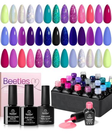 Beetles 20 Colors Gel Nail Polish Kit Midnight Euphoria Collection 23 Pcs Purple Blue Hot Pink Glitter Gel Polish Set Rainbow Soak off Uv Glossy & Matte Top Base Coat Gift for Girls Midnight Euphoira