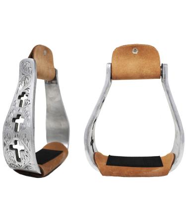 Western Show Horse Saddle Stirrups Aluminum Leather Tread Cross Engraved 5145v