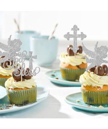 Rsstarxi 24 Pack God Bless and Cross Cupcake Toppers Glitter Angel Christening Babyshower Boy Baptism Cupcake Picks Decorations for First Communion Baptism Party Cake Decorations Silver - Buy Online on SooperMarket.com