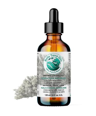 Bella Terra Oils 100% Pure Moroccan Argan Oil 120ml - Organic Cold-Pressed Unrefined Hexane-Free Natural Moisturizer for Skin & Hair Non-Comedogenic Anti-Aging Ideal for Sensitive and Acne-Prone Skin 120 ml (Pack of 1)