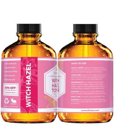 Leven Rose Witch Hazel Toner 100% Pure Organic Facial Rose Water with Calendula, Cucumber & Chamomile Flower - 4 oz - Buy Online on SooperMarket.com