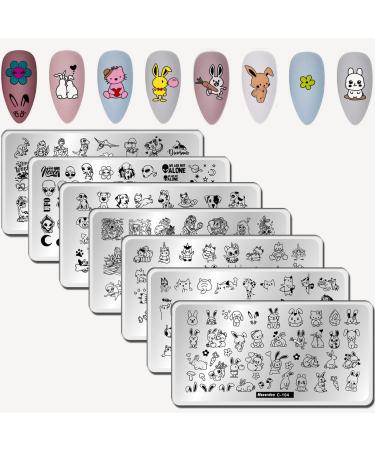 Cute Animal Print Nail Stamping Plates 7pcs Nail Stamp Plates Cat Unicorn Mermaid Nail Stamping Kit Dinosaur Dogs Rabbit Image Design Nail Art Stamping Plates Stars Manicure Template Nail Art Tools 7pcs-Nail Stamping Plates