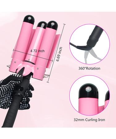 Awhoas 3 Barrel Curling Iron 32MM Hair Waver | Triple Barrel Hair Crimper for Women | Pink Curling Wand with LCD Temp Display - Buy Online on SooperMarket.com