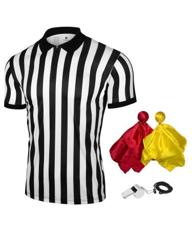FitsT4 Mens Referee Shirt 4PCS Official Umpire Jersey with Yellow Red Penalty Flag Whistle Black & White Stripe Zipper Collar V Neck Pro Ref Uniform Soccer Basketball Football L( Chest 24", Length 30") Zipper Neck