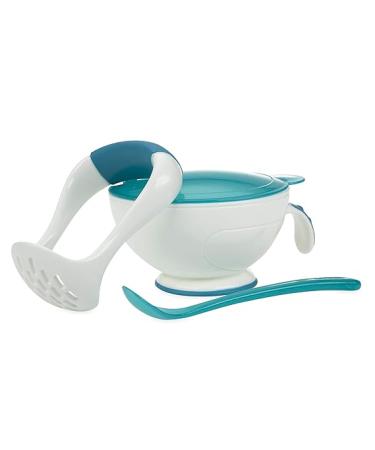 Nuby Garden Fresh Mash N' Feed Baby Food Bowl with Spoon and Food Masher - White/Aqua