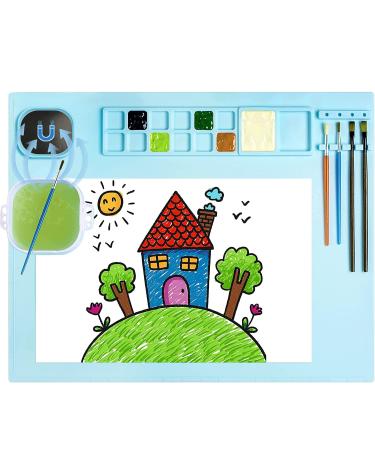 Silicone Art Mat with Cup, Painting Mat for Crafts Resin Casting, Artist Mat with Pen Holders for Kids Gift, Clay, DIY Creations and Play Doh (Blue)