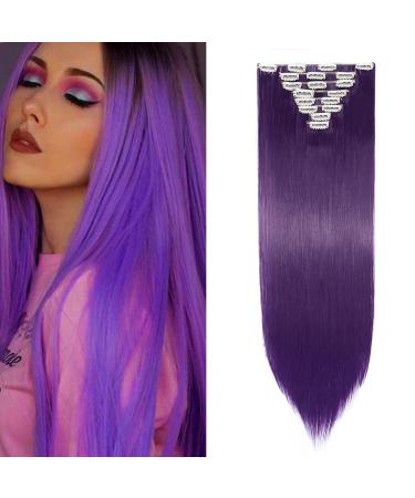 Silk-co 26" 8PCS Hairpiece Clip in Hair Extensions Black-Purple 100% Synthetic Hair Piece Long Straight for Full Head 26 Inch Straight #Black-Purple