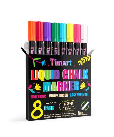 Timart 8 Pack Liquid Chalk Markers Bold Wet & Dry Erase Marker Pens - Chalk Markers for Chalkboards Signs Blackboards Windows Glass- 6mm Reversible Tip 24 Chalkboard Labels Included (Classic)