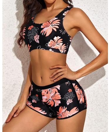 Yonique Women's 3-Piece Athletic Tankini Swimsuit Set - X-Large Pink Floral & Black - Buy Online on SooperMarket.com