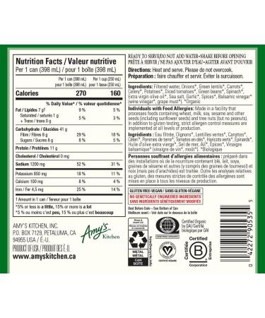 Amy s Kitchen Organic Lentil Vegetable Soup Vegan Gluten-Free Dairy-Free Lactose-Free Soy-Free Corn-Free Tree Nut-Free Kosher Plant-Based 12-pack (398ml per can) - Buy Online on SooperMarket.com