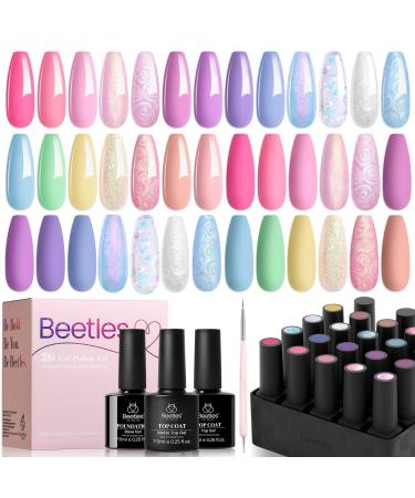 Beetles Gel Polish 23 Pcs Pastel Pink Blue Purple Chameleon Glitter 20 Colors Manicure Starter Kit with 3Pcs Base Matte & Glossy Top Coat and Double-ended Brush Soak off Uv Lamp DIY Nail Art Gift Dreamland Unicorn