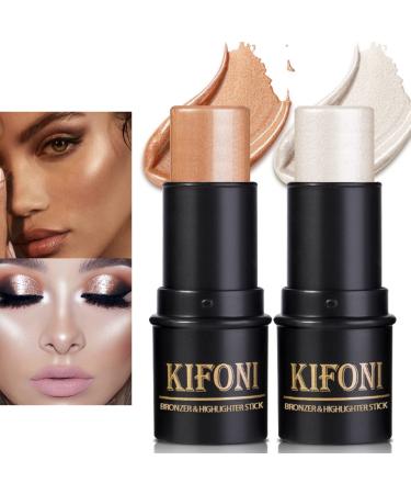 LSxia 2Pcs Highlighter Stick Cream Contour Stick Makeup Kit  Shimmer Highlighter and Bronzer Stick Contour Wand  Water-proof Long Lasting Smooth Face Brightens & Shades Contouring Stick Illuminator Makeup -Highlighter (...