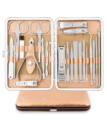 Manicure Set Professional Nail Clippers Kit Pedicure Care Tools 23pcs Stainless Steel Grooming Tools with Black PU Leather Case for Travel or Home (Gold/Silver)