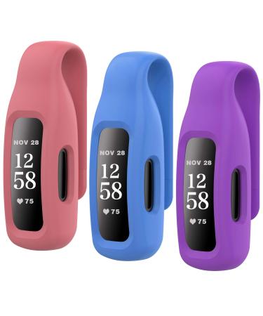 HSWAI 3-Pack Clips Replacement for Fitbit Inspire 2, Soft Comfortable Silicone Clip 360Protection Holder Accessory Compatible with Fibit Inspire 2 black/ blue/ purple