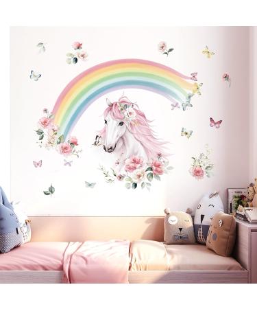 Wondever Large Rainbow Horse Flower Wall Decals for Girls Bedroom | Peel and Stick Kids Room Nursery Wall Art Stickers - Buy Online on SooperMarket.com
