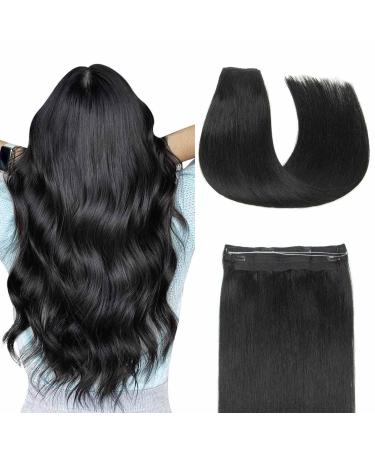 AGMITY Wire Hair Extensions Real Human Hair Jet Black 80g 16 Inch Straight invisible Removable Thick Fishing Line One Piece Clip in Extensions Human Hair(16 Inch #1 Jet Black) Wire-16 inch-80g #1 Jet Black