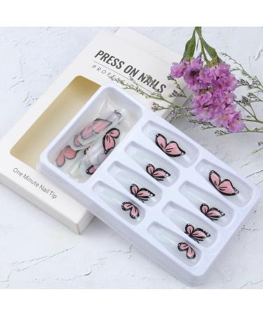 24Pcs Pink Butterfly Press on Nails - Exquisite Design Full Cover Acrylic Nails for Women - Spring Nail Art Decorations - Buy Online on SooperMarket.com