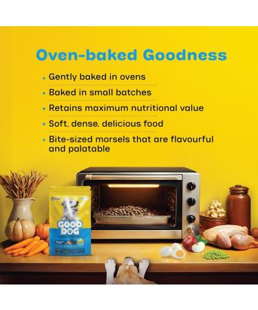 Good Dog Real Chicken & Veggies Adult Dog Food| Gently Oven Baked Kibbles | 60% Real Chicken | Fortified with Vitamin A D E & Omega 3 & 6 | for Dog 18 Months Onwards | Pack of 2 (300g*2) - Buy Online on SooperMarket.com