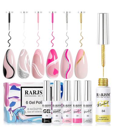 RARJSM Gel Liner Nail Art Polish Set of 6pcs Popular Color Black White Pink Rose Red Glitter Silver Gold Curing Requires Soak off 8ml Build in Thin Nail Sharp Brush for Home DIY Salon Nail Design Basic Color Set