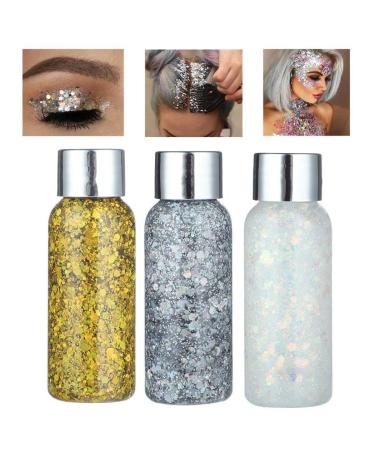 Holographic Body Glitter Gel - 3-Pack Chunky Sequin Liquid for Nails & Makeup Party/Wedding Sparkle Silver 1.1 * 3.15in