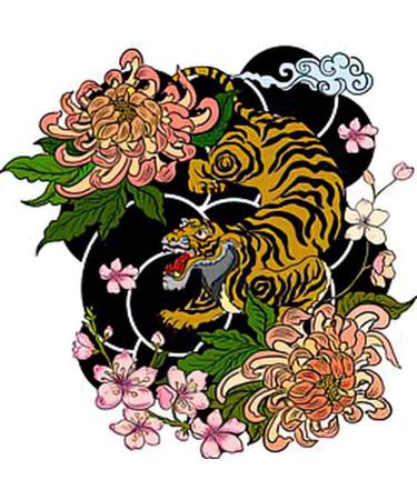 Dopetattoo 6 Sheets Temporary Tattoos Traditional Peony Japanese Tiger Tattoo Tigers Fake tattoos Neck Arm Chest for Women Men Adults 3.7 X 3.7 Inch