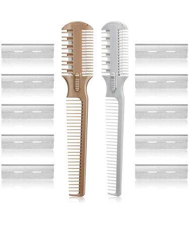 2 Pieces Hair Cutter Comb Double Sided Hair Razor Comb Hair Thinning Cutting Comb Hair Styling Razor Scissor Combs with 10 Pieces Stainless Steel Blade Replacement for Hair Thinning Cutting Styling