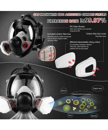 Full Face Gas Respirator mask Gas Masks Survival Nuclear and Chemical with 6001 Activated Carbon Filter Reusable Respirator Mask for Gases Dust Vapors Chemicals Fume Paint Spray Sanding - Buy Online on SooperMarket.com