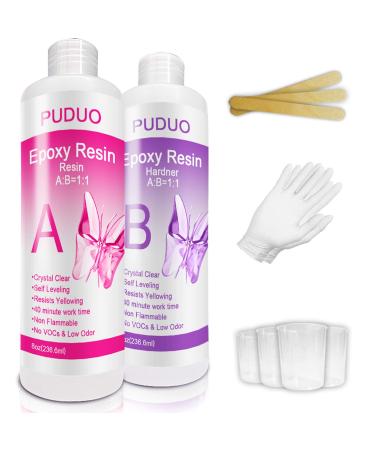 Epoxy Resin Crystal Clear Kit for Art  Jewelry  Crafts  Coating- 16 OZ Including 8OZ Resin and 8OZ Hardener | Bonus 4 pcs Measuring Cups  3pcs Sticks  1 Pair Rubber Gloves by Puduo 16 oz kit