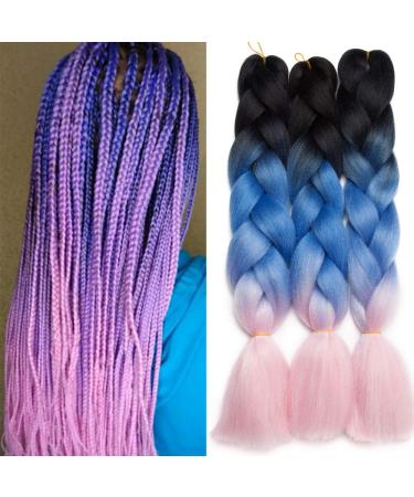 Tess Braids Extensions Blue 60 cm 3 Pack Jumbo Braids Kanecalon Kunsthaar For single-laid Box Braids Hair extension Braid 100g/bundle Ombre Hair Braids Extension (3 piece-black/blue/pink) 60 cm (3 pieces) black/blue/pink