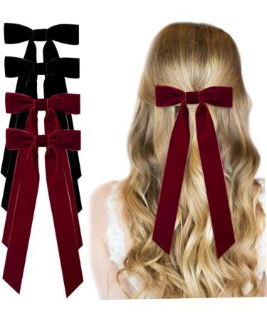 Velvet Bow Hair Clip 4PCS Red and Black Hair Bow Vintage Satin Bowknot Hairpins with Long Ribbon Party Bow Hair Barrettes Hair Accessories for Women Girls Gifts - Buy Online on SooperMarket.com
