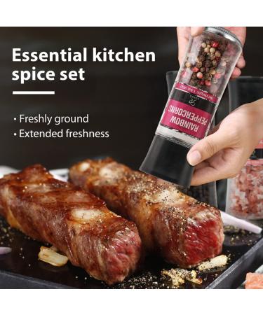 Soeos Salt and Pepper Grinder Set with Rainbow Peppercorns, Black Peppercorns, White Sea Salt, and Pink Salt - 9.8oz (277.82g) Total Spice - Plastic Bottle Grinder Included - Buy Online on SooperMarket.com