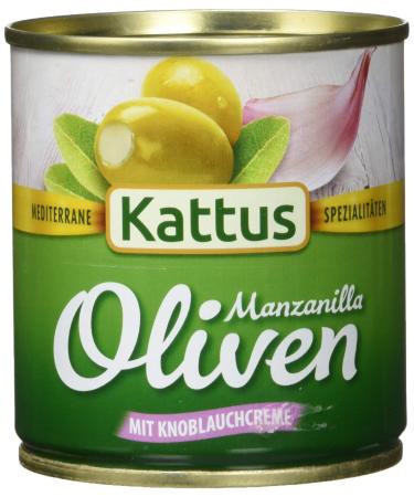 Kattus Spanish green olives filled with garlic cream pack of 8 (8 x 85 g) with garlic cream 85 g (pack of 8)