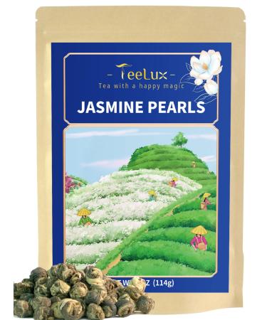 TeeLux Jasmine Pearls Green Tea Handrolled Jasmine Green Tea Loose Leaf with Delightful Aroma Natural Jasmine Dragon Pearl Tea 114g/4oz Jasmine pearls 114g