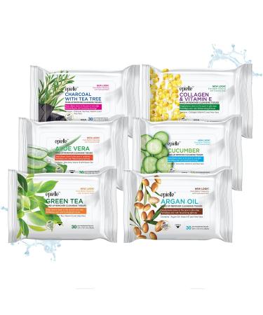 Epielle New Makeup Remover Cleansing Wipes Tissue | Gentle for all Skin Types | Daily Facial Cleansing Towelettes | Removes Dirt, Oil, Makeup | Nicely Scented - Charcoal, Collagen, Aloe, Cucumber, Green Tea, Argan Oil | 30…