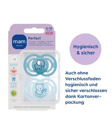 Mam Perfect Schnuller Set of 2 - Healthy Dental Development Baby Pacifier (6-16 Months) - Sustainable Silicone with Pacifier Box - Elephant & Bear Designs - Buy Online on SooperMarket.com
