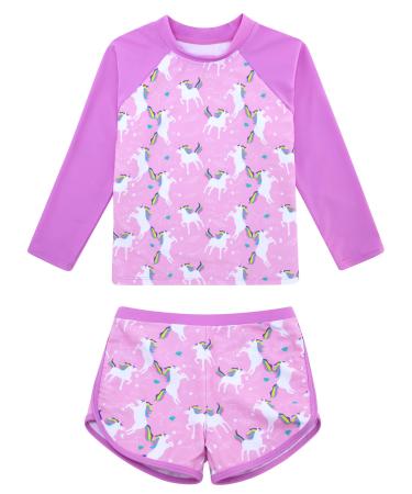 TUONROAD Girls Swimming Costume Toddler Baby Kids Two Piece Long Sleeve Swimsuit UPF 50+ Protection Bathing Suit Swim Set for 4-10 Years 9-10 Years Rainbow Unicorn
