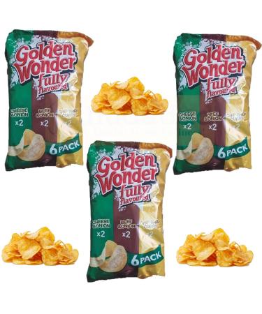 Golden Wonder Variety Crisps | 2x Cheese & Onion Beef & Onion And Chip Shop Curry (Pack Of 3) By KHUDADAD