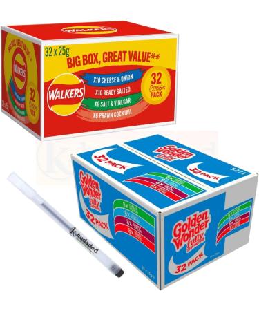 Golden Wonder Fully Flavoured Blue Box And Walkers Big Red Box Cheese and Onion Salt and Vinegar Smoky Bacon Ready Salted Prawn Cocktails 32pkx25g Each Box/Total 64 Individual Bags