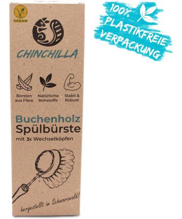 Chinchilla Rinse Brush - Eco-Friendly Beech Wood Kitchen Brush with Natural Fiber Bristles | Includes 3 Replaceable Heads | Plastic-Free & Durable - Buy Online on SooperMarket.com